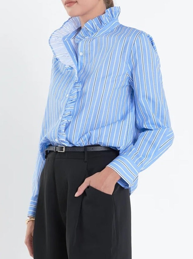 Blue Striped Ruffle Blouse