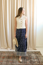 Navy Embroidered Midi Skirt