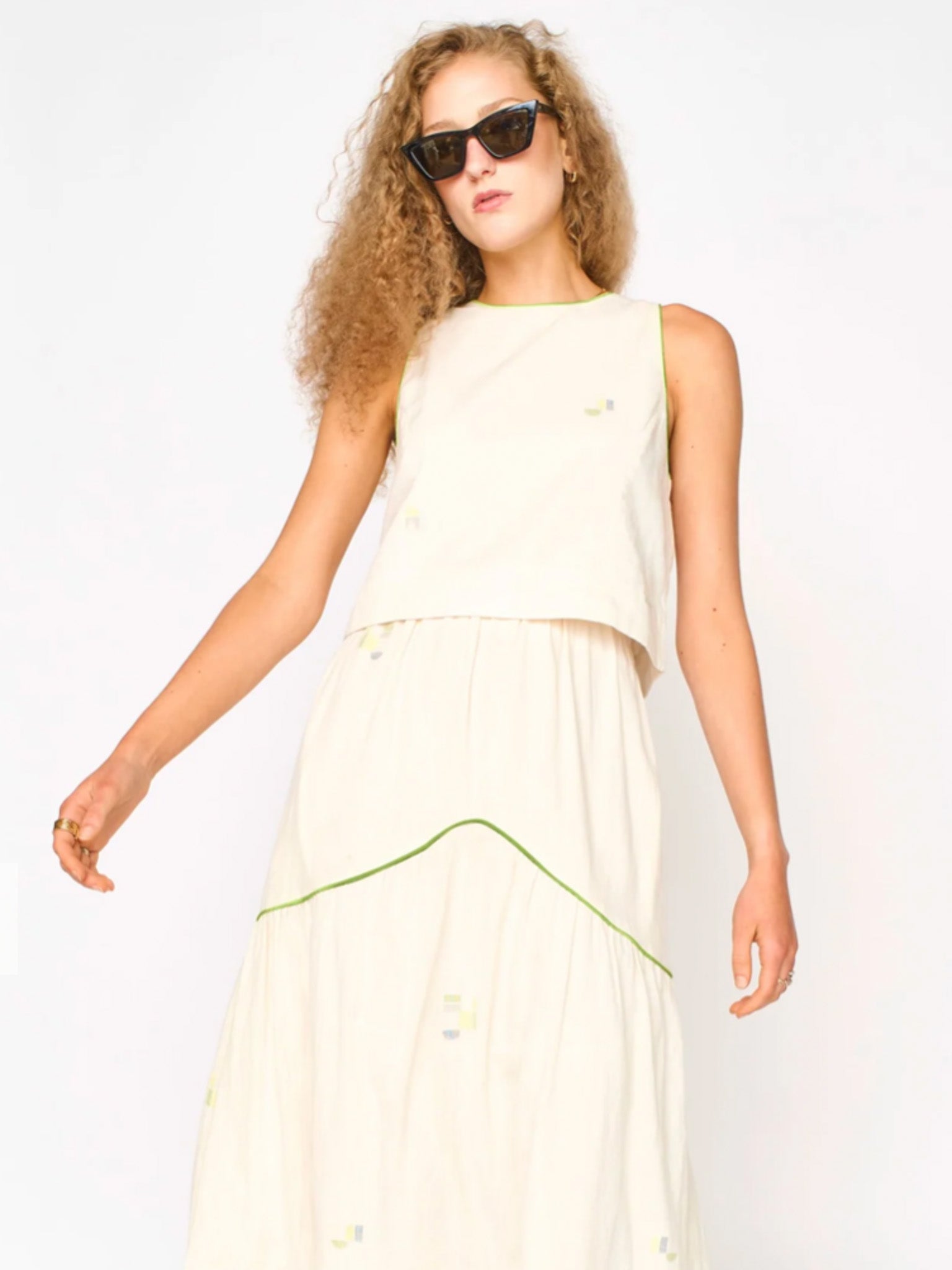 Mirth Santanyi Tank in Lime Jamdani